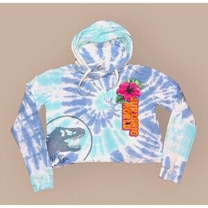 Jurassic World Women’s S Blue White Tie-Dye Fleece Pullover Hoodie Cropped Logo